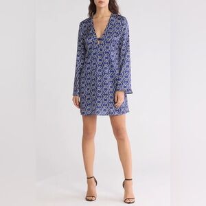 AREA STARS Blue Satin Silky Lightweight Chain Link Print Bell Sleeve Dress NWT